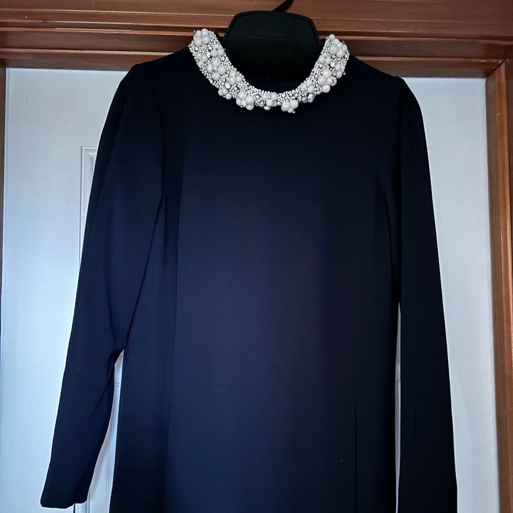 NWT-Worth Collection Navy Wool Dress with Beaded Collar